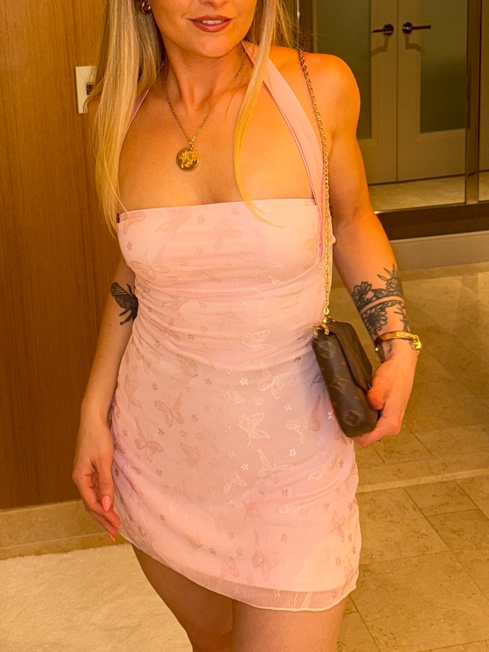 Pink butterfly halter Miami going out mini dress